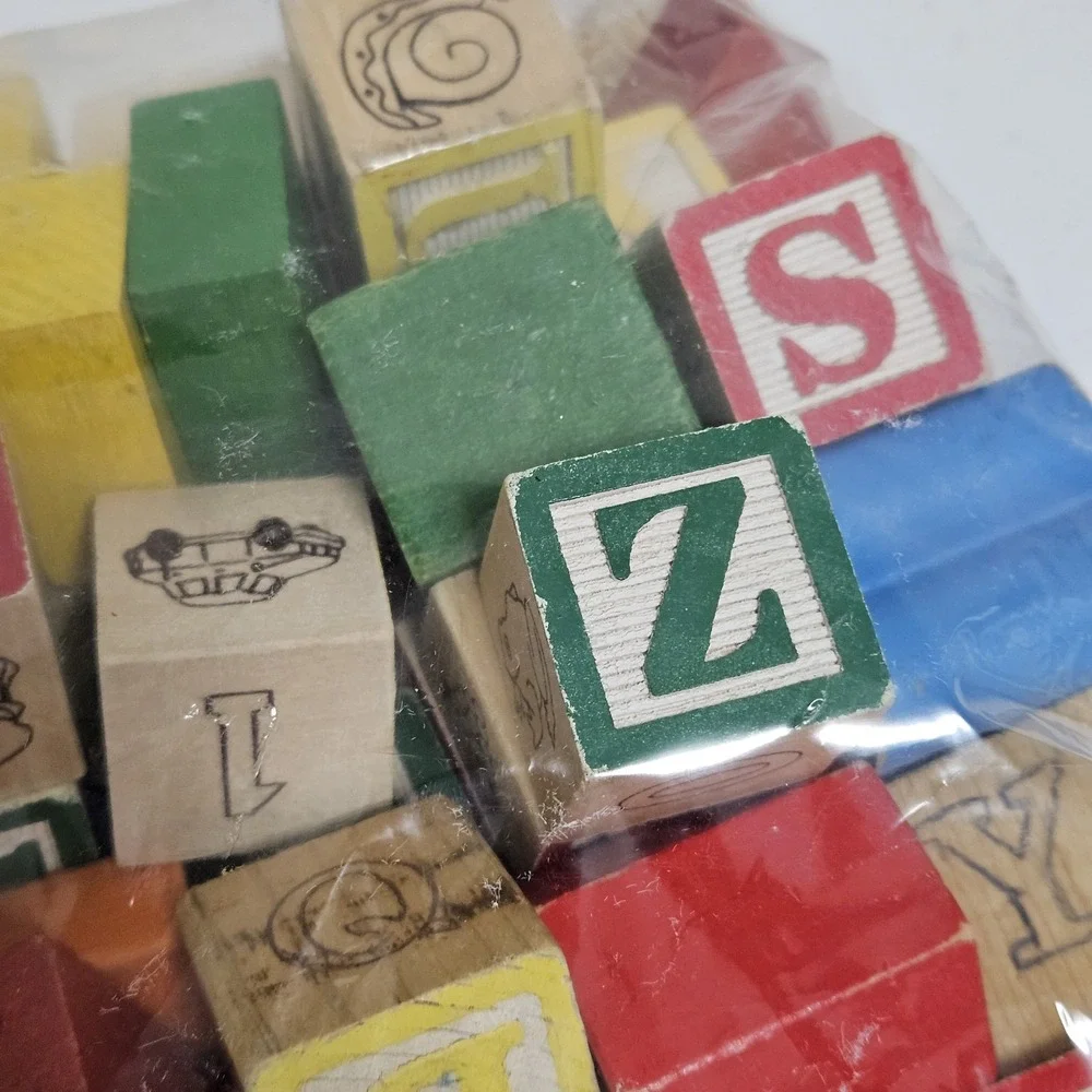 Wooden Blocks Multicolor Alphabet Number Vintage Set Traditional Homeschool